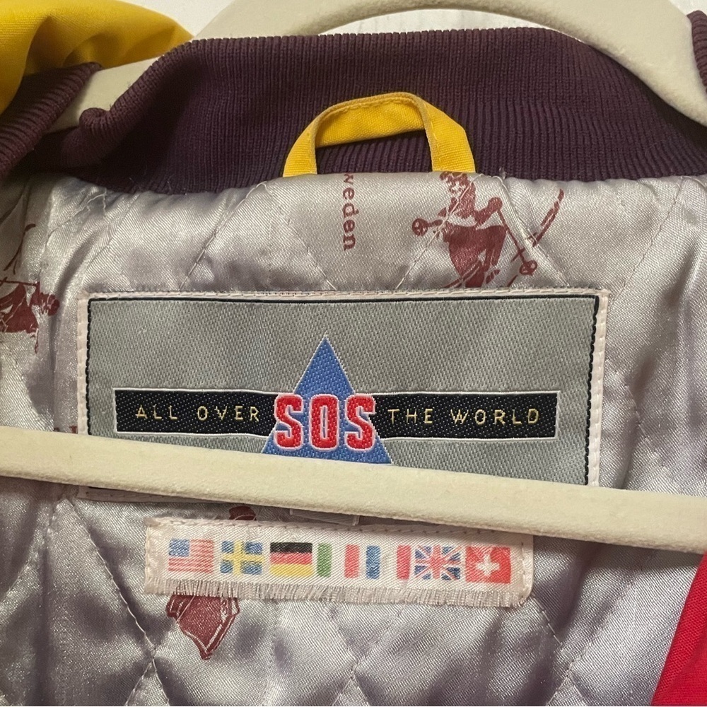 Vintage 90s SOS Colorblock Ski Jacket Red Yellow Thinsulate Men's S - Picture 7 of 9